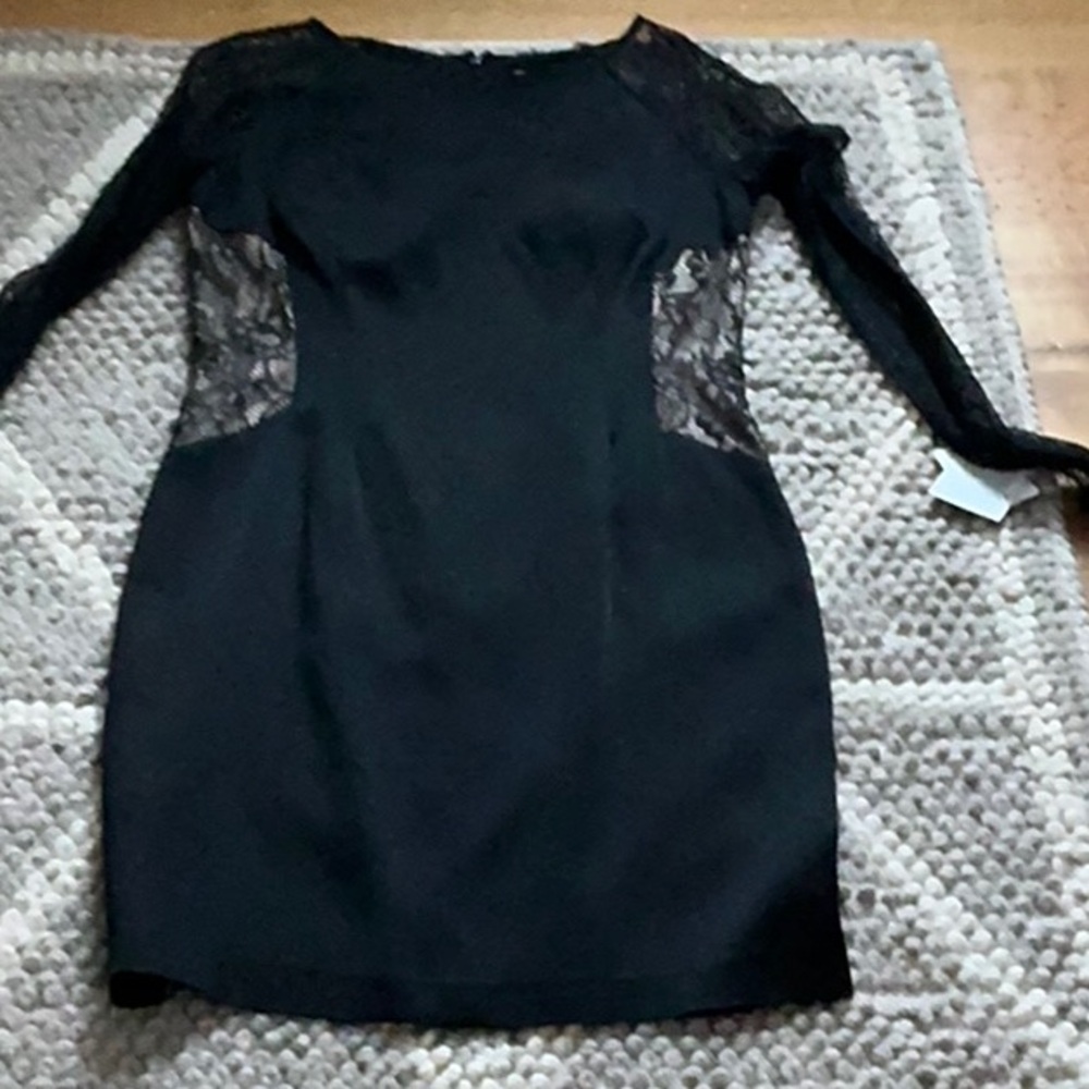 Aidan black dress with lace sleeves.